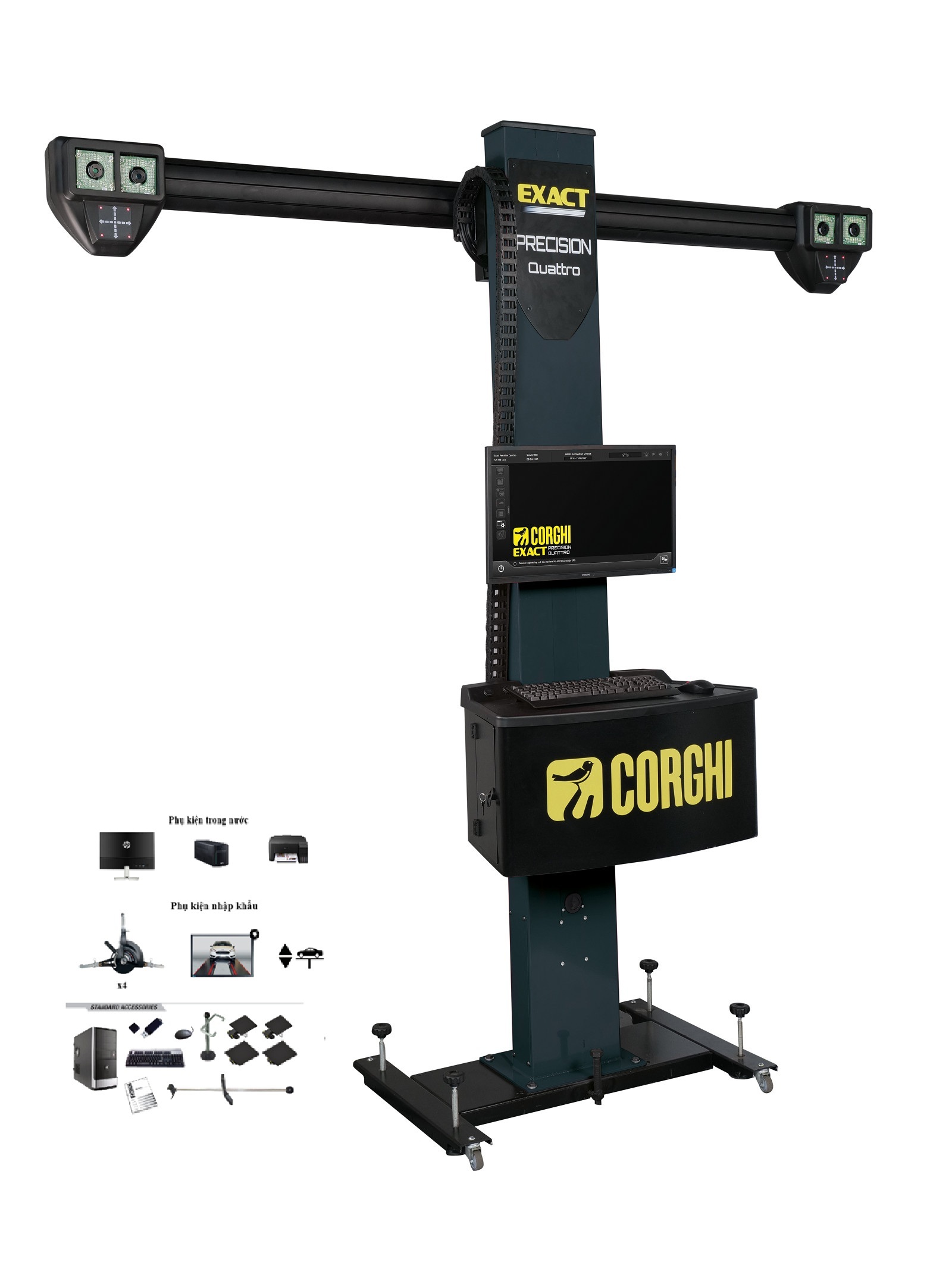 Thiết bị kiểm tra góc đặt bánh xe công nghệ 3D 4 camera nâng hạ tự động, kẹp lốp (màu xám RAL 7016)